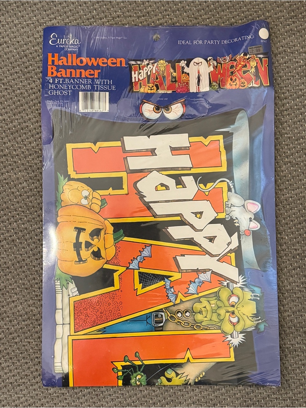Vintage 1987 Eureka Halloween 4 Ft Banner Honeycomb Ghost NOS USA Paper Magic